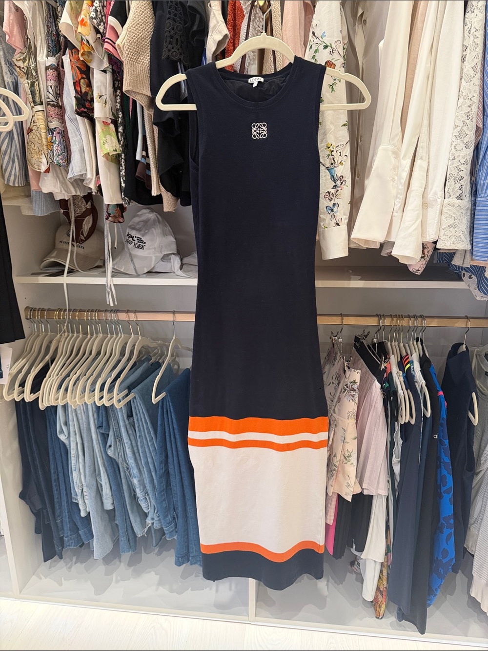 Sleeveless Navy Dress with Orange & White Stripe - LOEWE